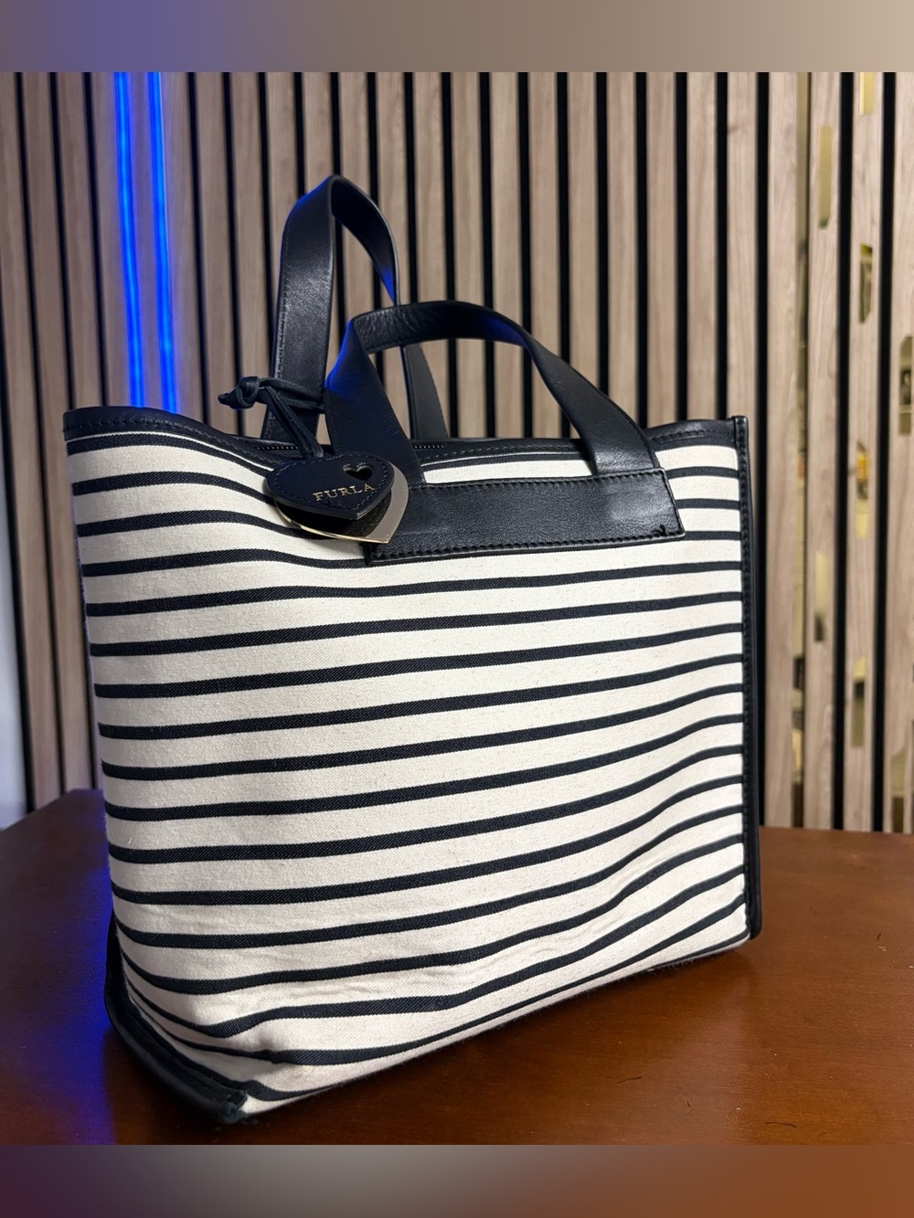 FURLA Black&White Striped Canvas Tote Bag - Heart Charm - Double handle - Women
